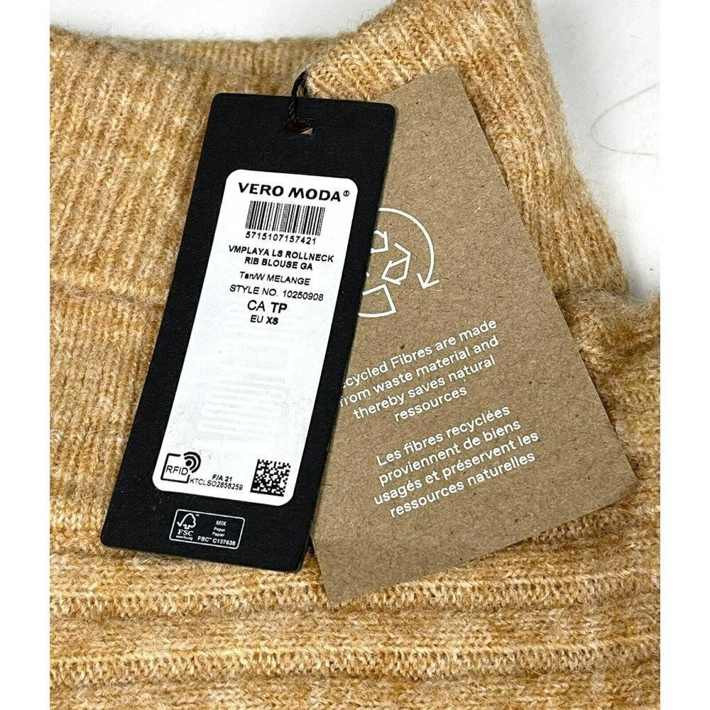 VERO MODA Womens XS Camel Horizontal Ribbed Rollneck SWEATER Bishop Sleeves NWT - Picture 7 of 8